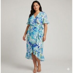 Fraiche by J Faux Wrap‎ Midi Dress Womens Large Blue Floral Ruffle High Low